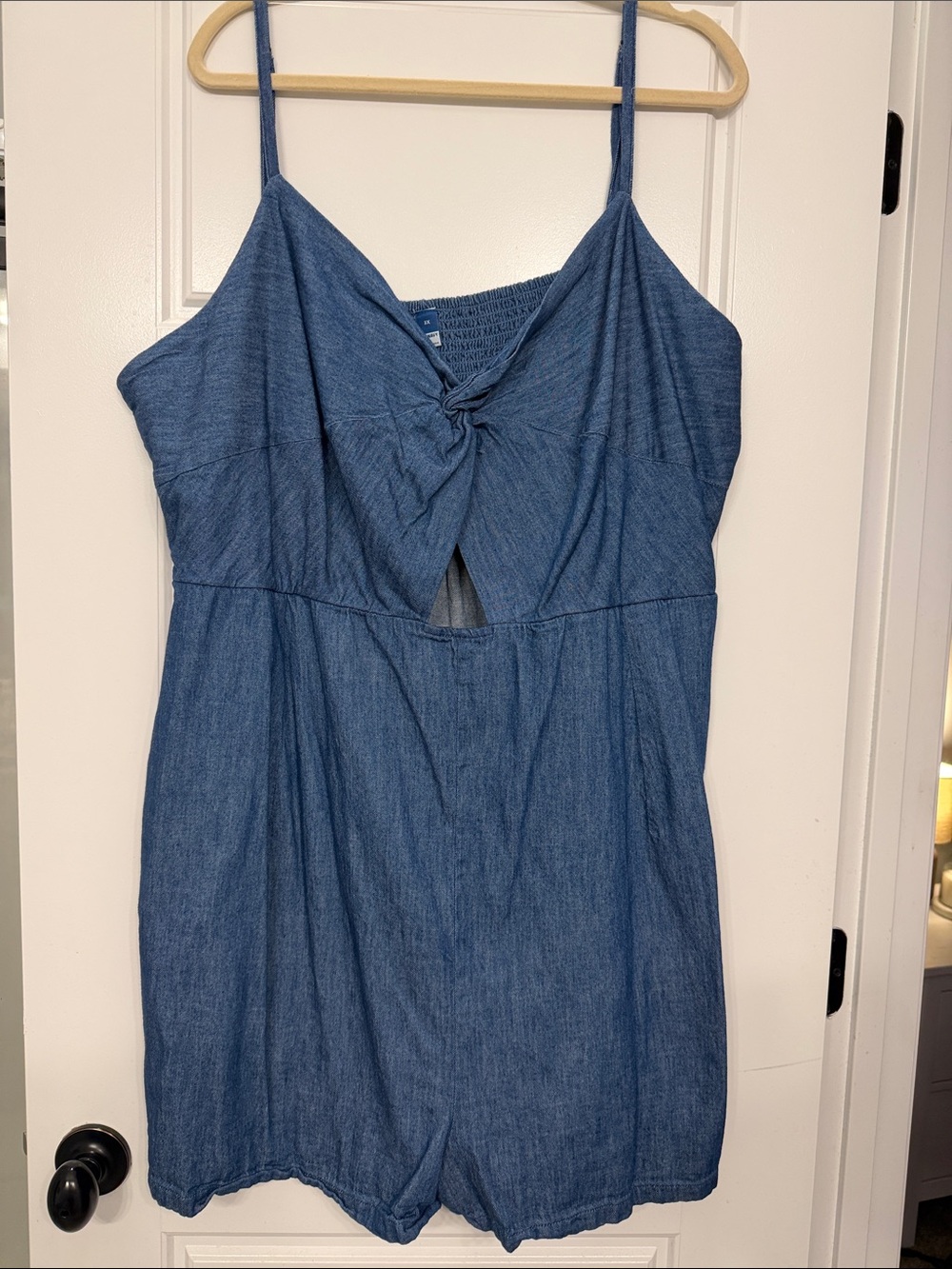 Old Navy Blue Denim-Look Tie-Front Spaghetti Strap Romper
